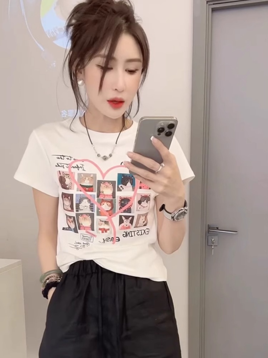 K-style Pure Desire Style round Neck Silm Easiest for Match Short Sleeve T-shirt Female 2025 Summer New Cartoon Print Anti-Aging Top