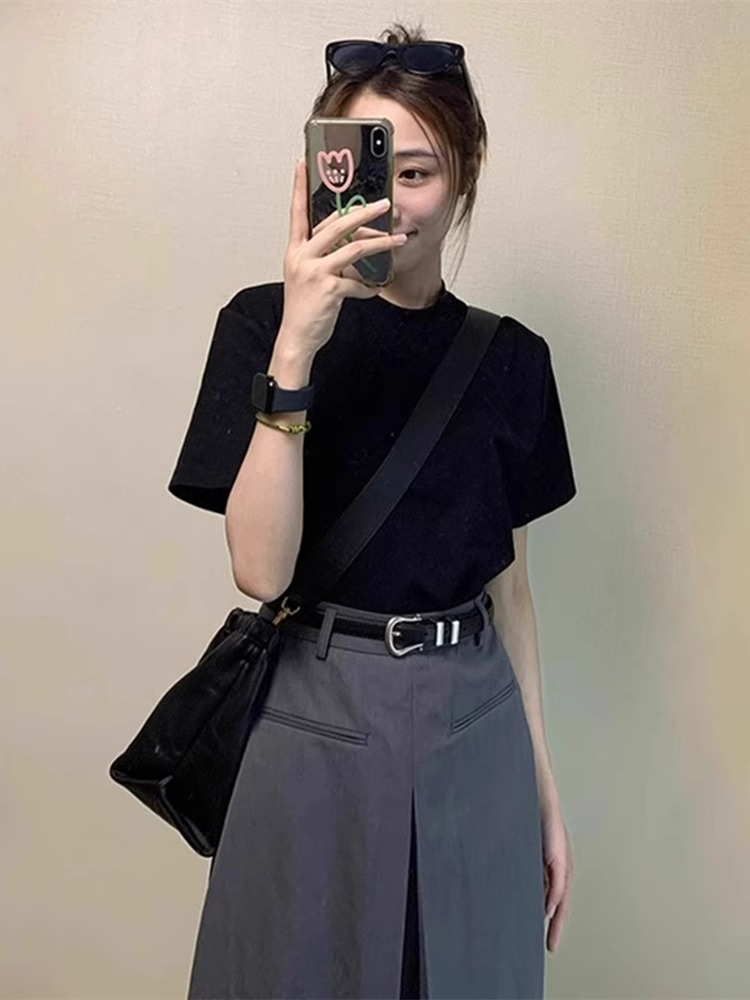K-style Black round Neck Shoulder Short Sleeve T-Shirt Women's Summer Thin Loose Slim Looking Casual T-shirt Fancy Tops