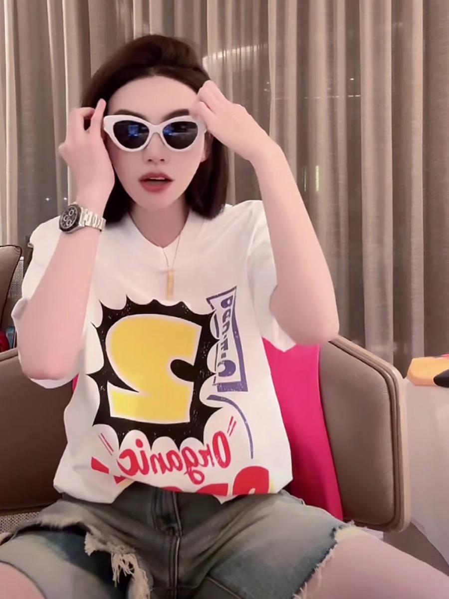 American Retro Fashion Brand Printing Short-Sleeved T-shirt for Women 2025 New Arrival Mid Length Long Length Fashion All-Match Half-Sleeve T-shirt Top