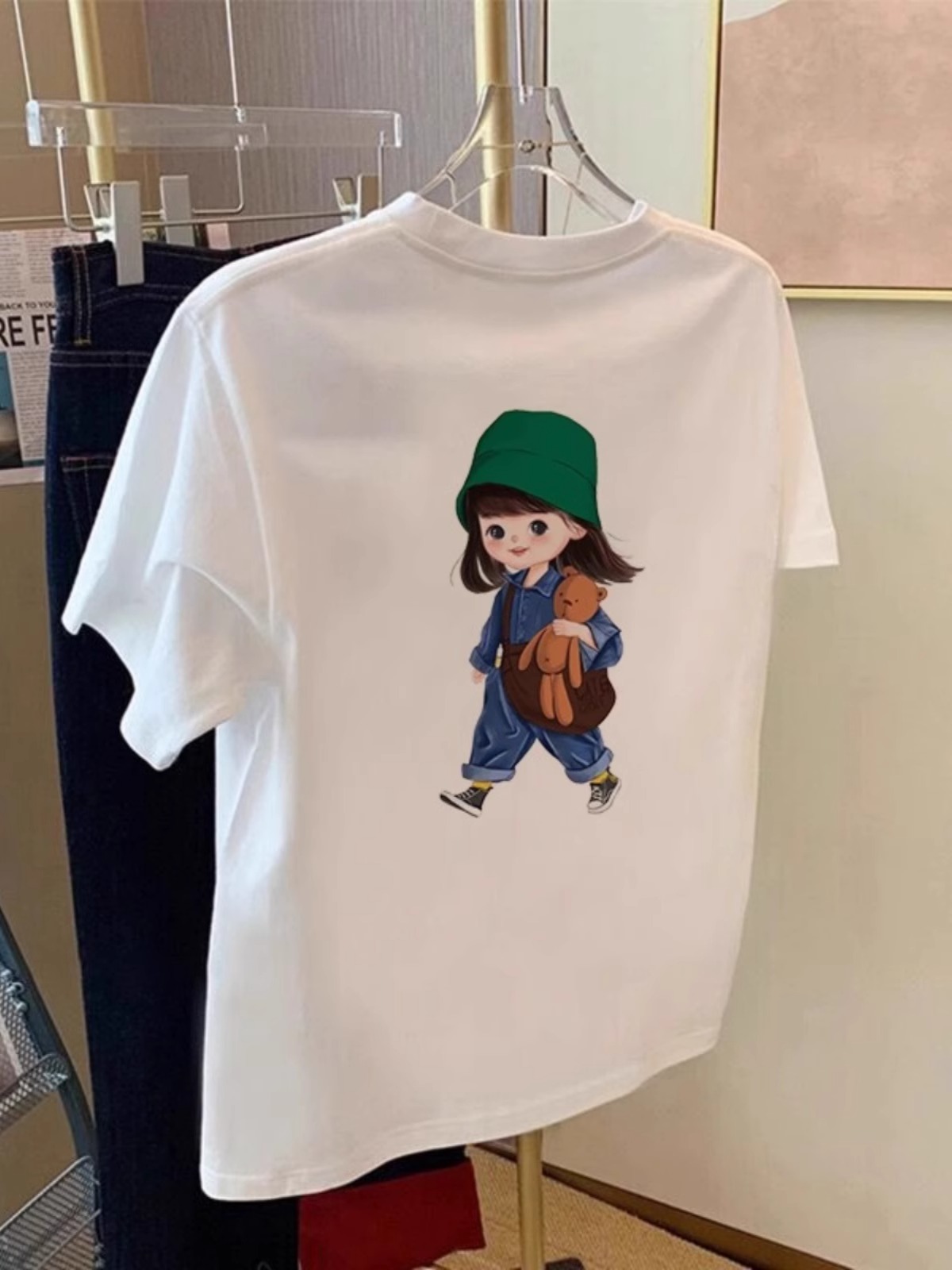 White round Neck Shoulder Short-Sleeved T-shirt for Women 2025 Summer New Design Sense Loose Casual Pure Cotton Print Tops
