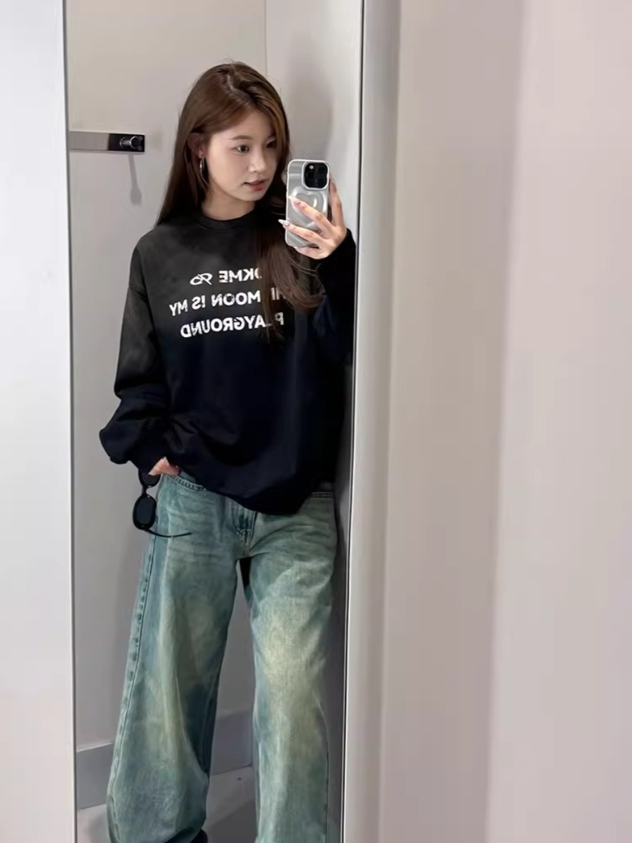 American Retro Printed Black Crew Neck Sweater Coat Women's Spring and Autumn Idle Style Loose Outer Wear Design Blouse