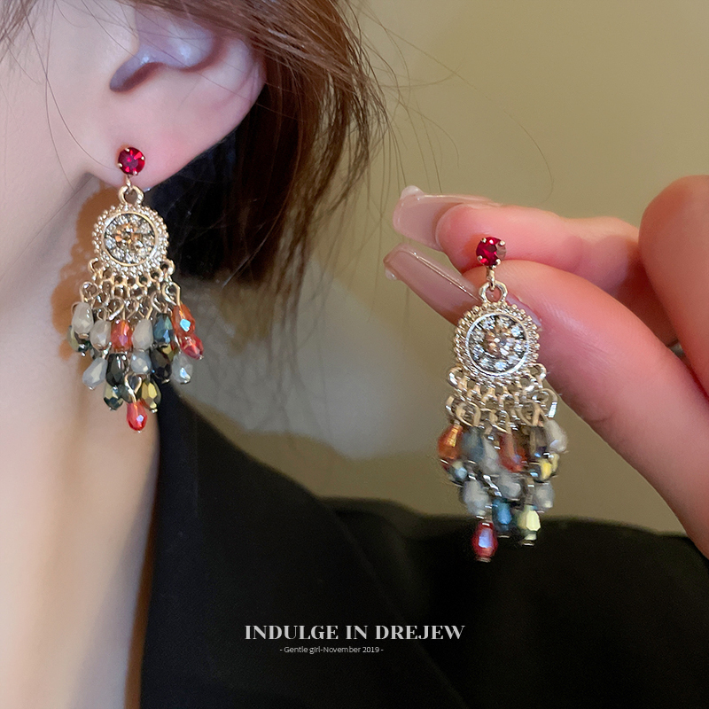 Retro Color Flower Tassel Earrings High-Key Dignified Classy Elegant Niche Design Stylish Unique Earrings for Women