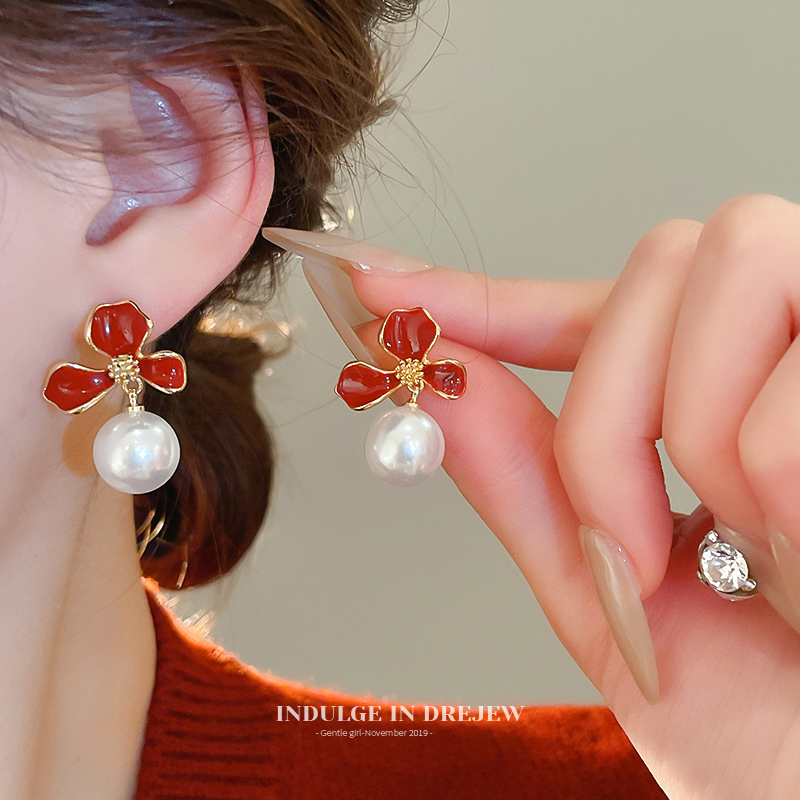 Retro Red Flower Pearl Stud Earrings Light Luxury High-Grade Temperament Earrings New Exquisite Fashion Hong Kong Style Earrings Women