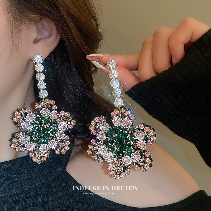 Exaggerated Long Color Flower Stud Earrings Accessible Luxury Fancy Dignified Generous Style Rhinestone Earrings New Arrival European and American Earrings Women