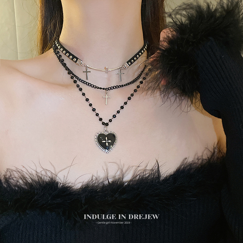 (Two-piece Set) Black Double Layers Cross Tassel Collar Choker Beaded Heart Pendant Necklace Women's Accessories