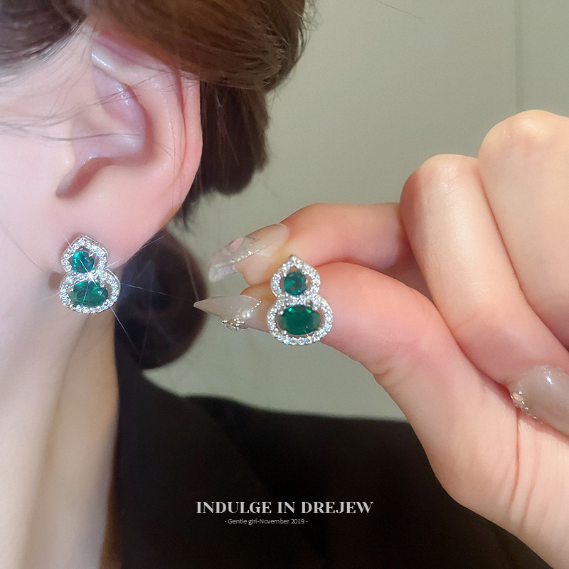 New Chinese Style Accessible Luxury Emerald Zircon Gourd Stud Earrings for Women 2025 New Arrival Best Selling Fancy Earrings Vintage Earrings