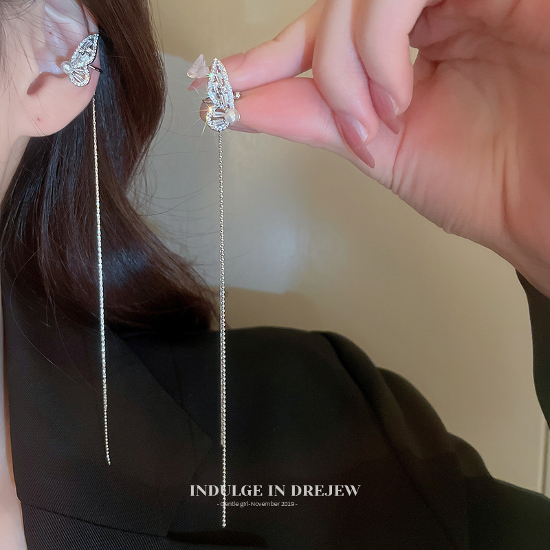 Earless Tassel Ear Clip Earrings 2025 New Arrival Best Selling Tide Light Luxury Temperament Classy Butterfly Drop Earrings Women