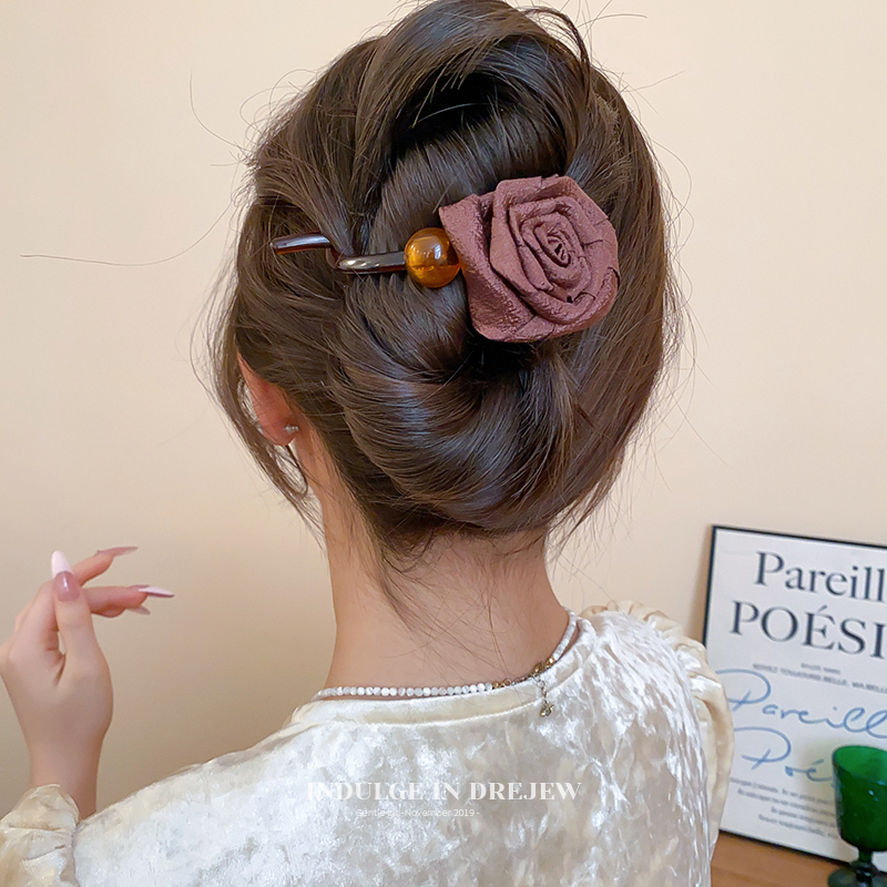Brown Dried Rose Flower Word Banana Clip Female Back Head Hair Barrettes Fancy Updo Hair Clip Headdress