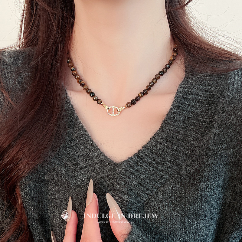 Retro Tigereye Beaded Necklace for Women 2025 New Arrival Necklace Fancy Light Luxury Minority Sweater Ornament
