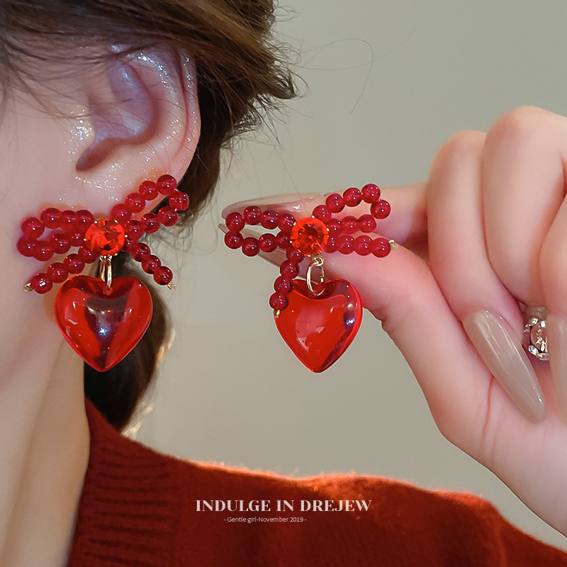 Red Heart Bow Stud Earrings Accessible Luxury Fancy Elegant Generous Earrings Female New Arrival New Year Celebration Earrings Eardrops