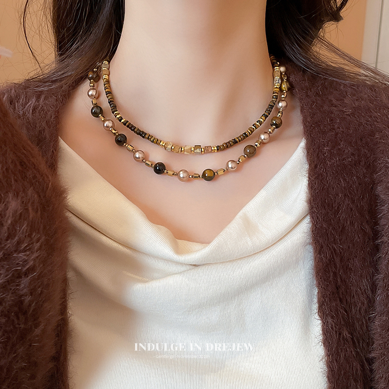 Retro Tiger Eye Pearl Necklace High-Grade Light Luxury Niche Twin Necklace Women New Beaded Sweater Accessories