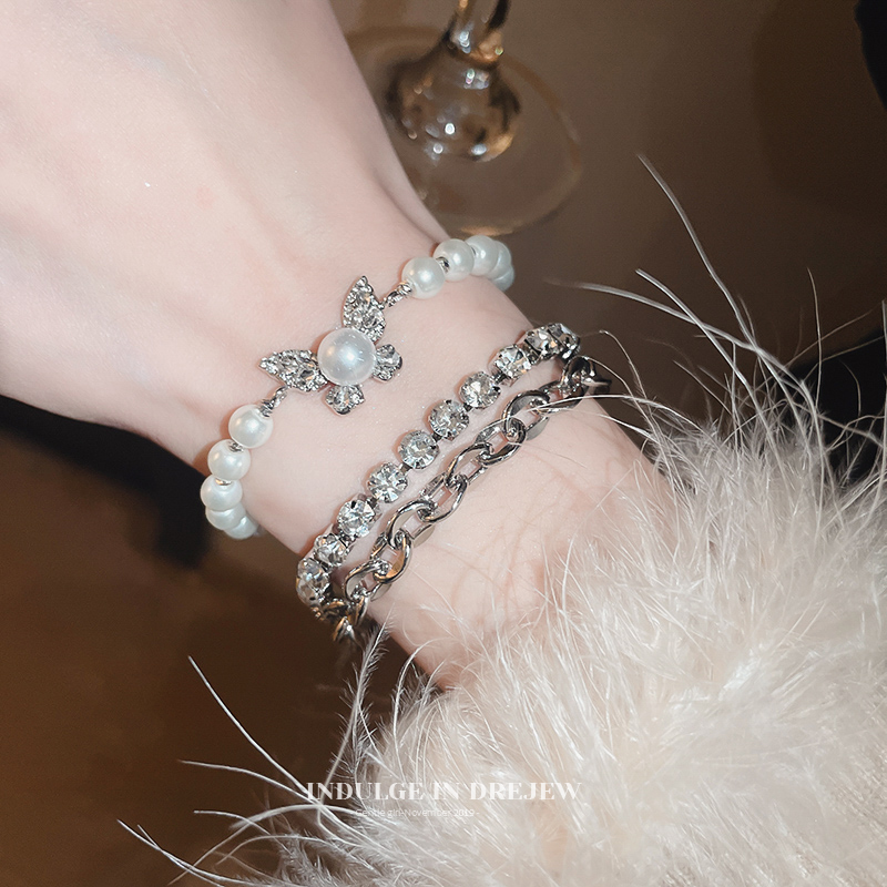 Silver Butterfly Pearl Bracelet Light Luxury Minority Exquisite Bracelet Special-Interest Design Sweet Adjustable Double-Layer Bracelet for Women