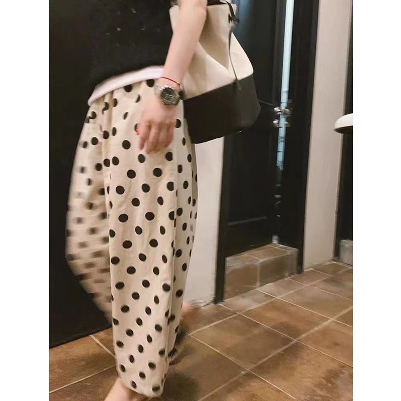 Extra Large Size 1.00 Kg-150.00 kg Japanese Style Polka Dot Breathable Cool Pants Women's Summer Loose Cotton Linen Elastic-Waist Casual Pants Fashion