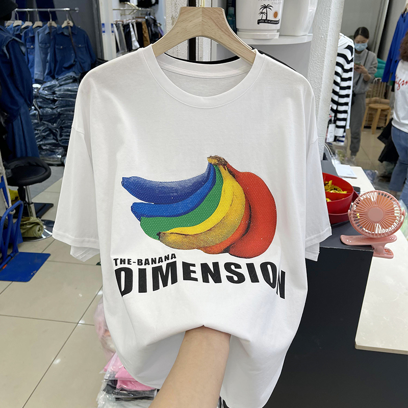Summer New Arrival K-style Cartoon Print Mid Length Long Length Pure Cotton Short-Sleeved T-shirt Female Casual Loose Oversized Half-Sleeve Top