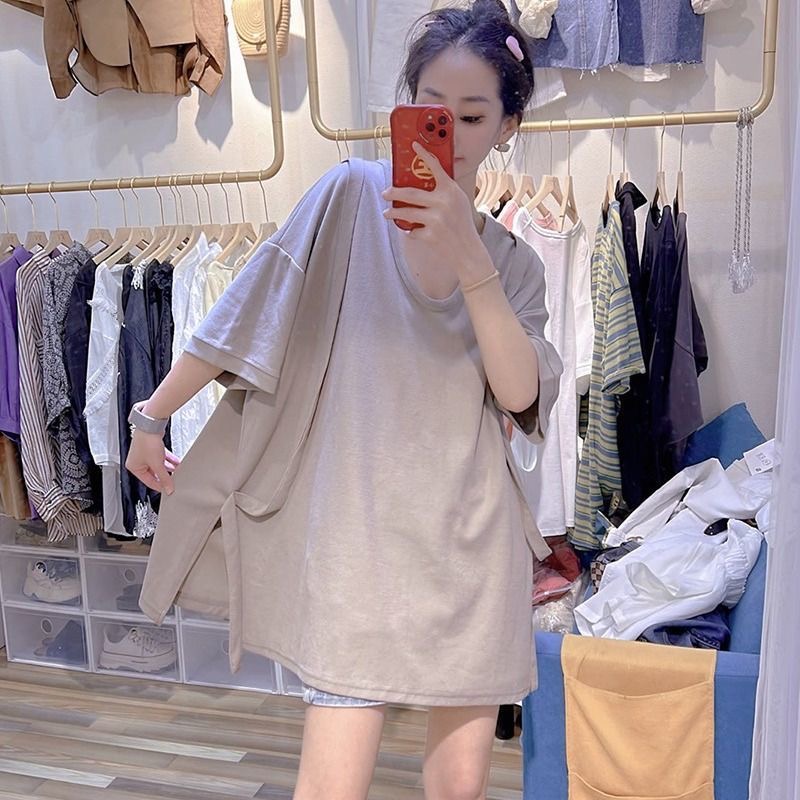 150.00kg Oversize Women's Clothing New Arrival European Goods Pure Color Patchwork Lace-up Split Short Sleeve Tops Loose Easiest for Match T-Shirt Women