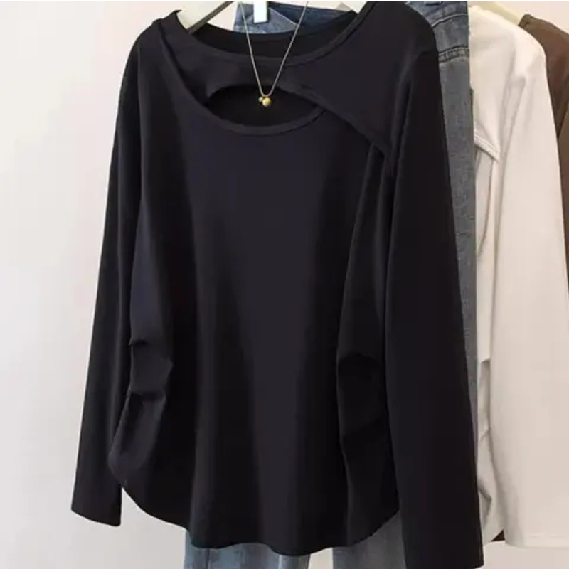 1.00 Kg-150.00 kg plus Size Hollow-out Long Sleeves T-shirt Female Autumn and Winter New Arrival Plus Size Ladies Slim Looking Belly Covering Asymmetrical Inner Wear Blouse