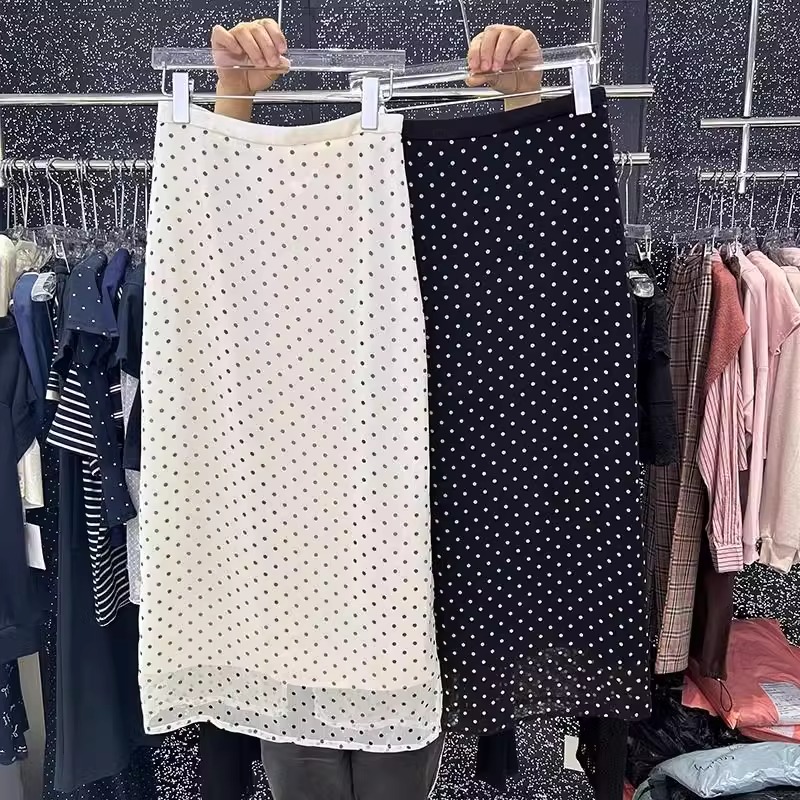 Chubby Girl Plus Size 1.00 Kg-150.00 kg Summer Double Layer Split Polka Dot Skirt Women Zipper High Waist Bodycon Dress Long Skirt