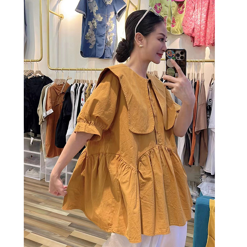 Plus Size Ladies Peter Pan Collar Short Sleeve Shirt Women's Summer New Arrival over Plus Size 1.00 Kg-150.00 kg Sweet Western Style Lapel Shirt Dress