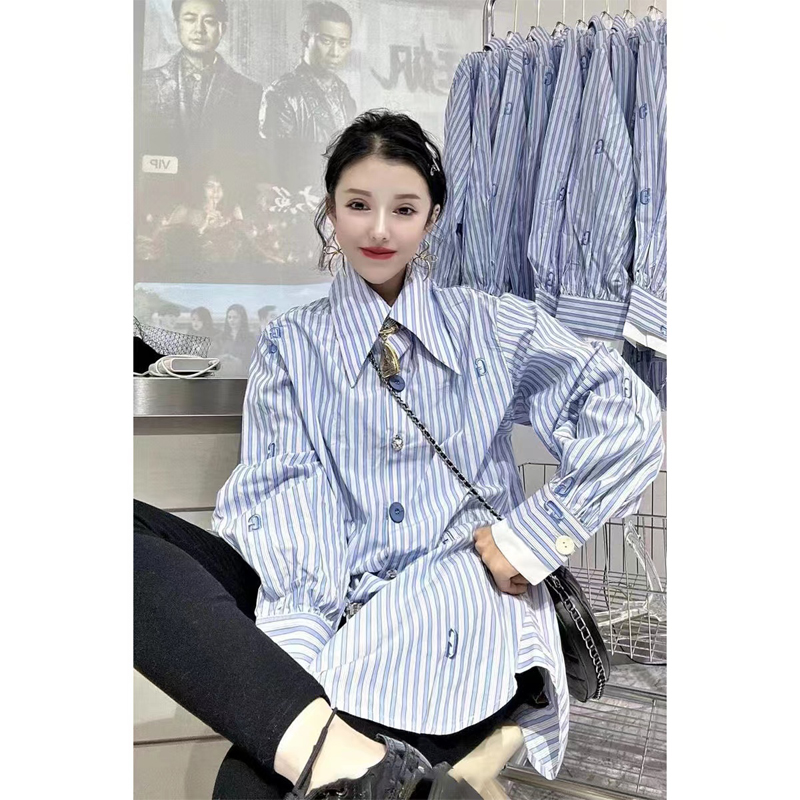 Super Plus Size 1.00 Kg-150.00 kg Plus Size Ladies New Design Sense Button Embroider Letter Stripes Long Sleeve Shirt Top Female Fashion