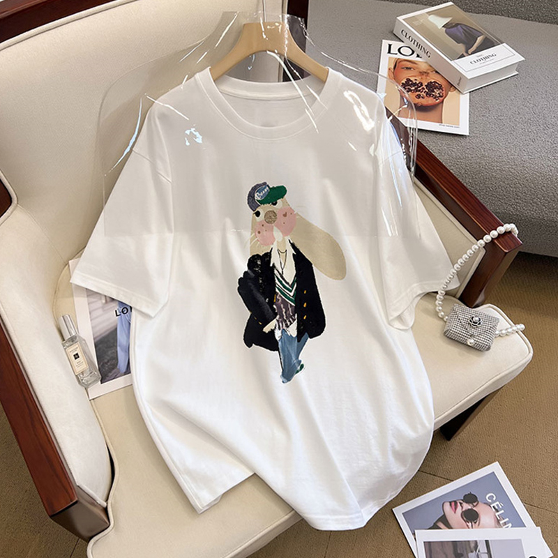 Pure Cotton plus Size Women's Clothes Short Sleeve T-shirt Summer 2024 New Arrival Fashion All-Match Chubby Girl Slimming Slim Fit Anti-Aging Top