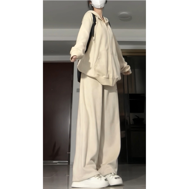Chubby Girl Plus Size Sports Suit Women's Autumn and Winter K-style Loose Slim Looking Hooded Zipper Sweatshirt Casual Two-Piece Suit Tide