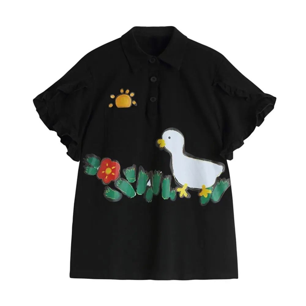 Extra Large 1.00 Kg-150.00 kg Cartoon Bell Sleeve T-shirt Women Summer Loose Polo Collar Cool Feeling Chic Short sleeve Top