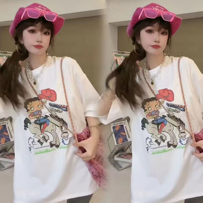 Super Plus Size 1.00 Kg-150.00 kg Plus Size Ladies Cartoon Print White Short-Sleeved T-shirt Female Fashionable Stylish Versatile Casual Top Fashion