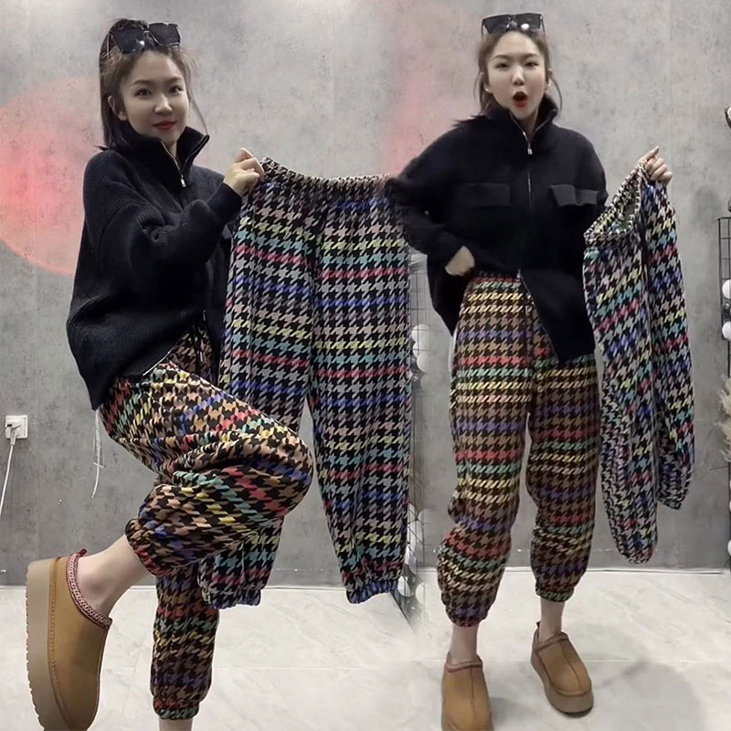 Plus Size 100.00kg Plus Size Ladies Winter New Arrival Print Color Houndstooth Jogger Pants Harem Pants Women's Fleece-lined Thickened Loose Sweatpants 3