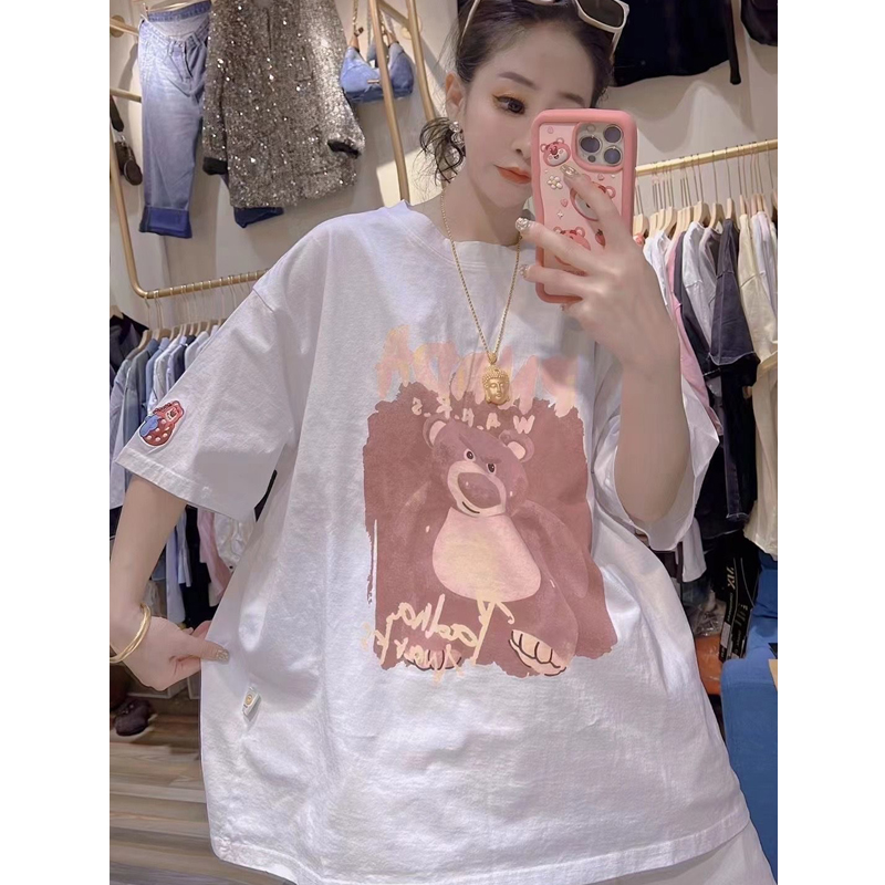 1.00 Kg-150.00 kg Chubby Girl Summer New Arrival K-style Loose Plus Size Tops Women's Bear Print round Neck Pure Cotton Short Sleeve T-Shirt
