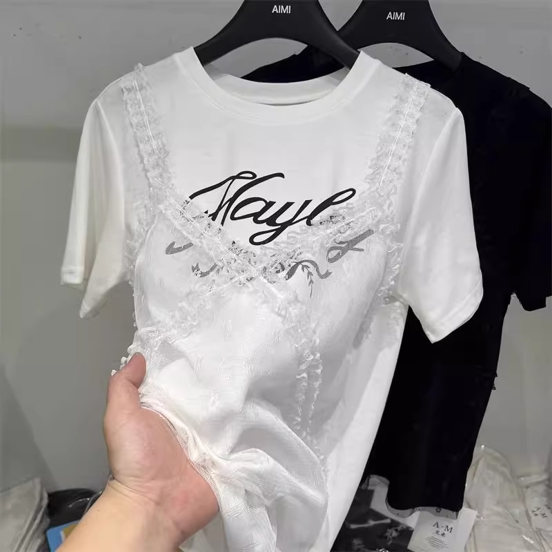 Extra Large Size 1.00 Kg-150.00 kg Plus Size Ladies Summer Wear Stylish Lace Sling Fake Two-Piece round Neck T-shirt Female Loose Slim Looking Fashion