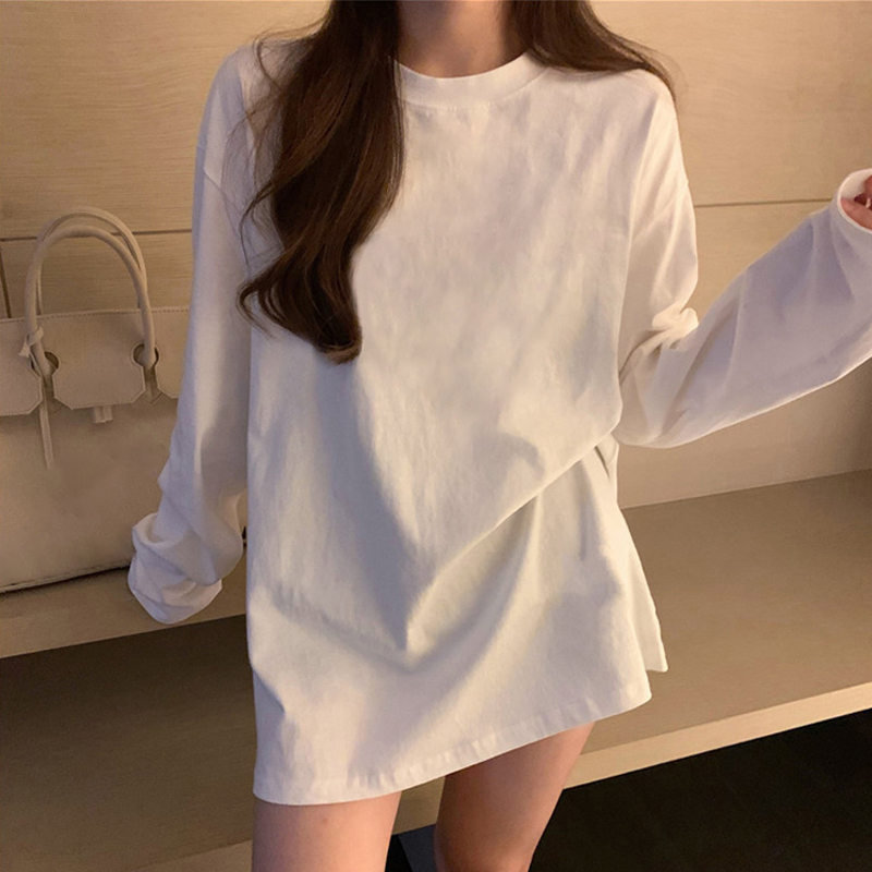 Pure Cotton 2024 Autumn New round Neck Pure Color Long Sleeves T-Shirt Bottoming Shirt Outdoor All-Matching Ins Women's Loose Tops