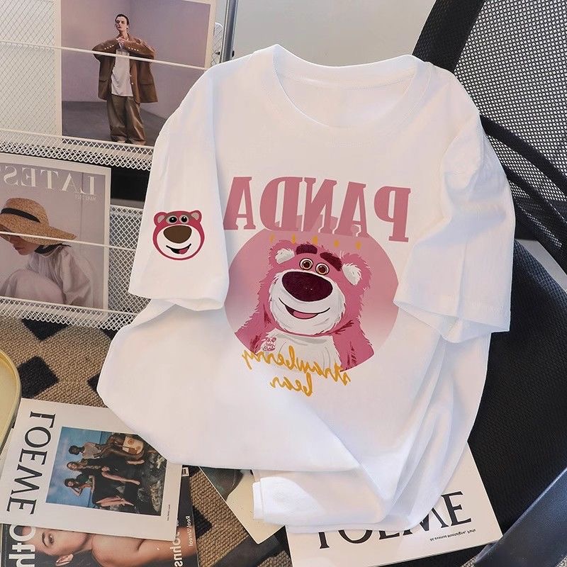 European Station 1.00 Kg-150.00 kg Plus Size Ladies Easiest for Match Bear Print Letter Chic Western Style Slimming Pullover Short Sleeve T-shirt Female Summer