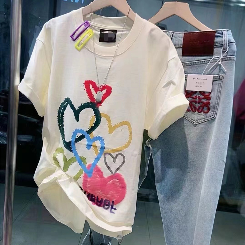 European Goods Plus Size Summer New Arrival Heart Color Print Short-Sleeved T-shirt Female Loose K-style Versatile Casual Top Fashion