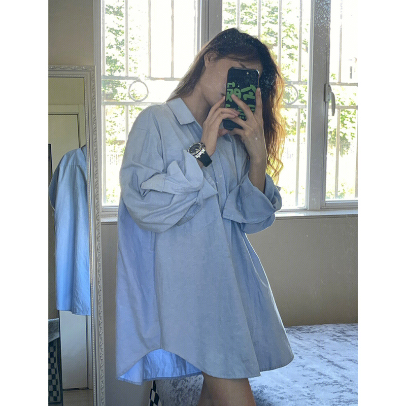 Blue, Large-Sized Long Sleeves Shirt for Women Spring and Autumn Thin Casual Loose Top Western Style Mid-Length Shirt Coat Trendy