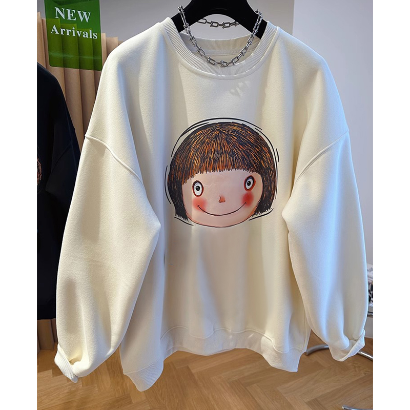 Plus Size Ladies Plus Size 100.00kg Fleece-lined Thin Sweatshirt Women's Loose Fall and Winter K-style Fashion All-Matching round Neck Pullover Top