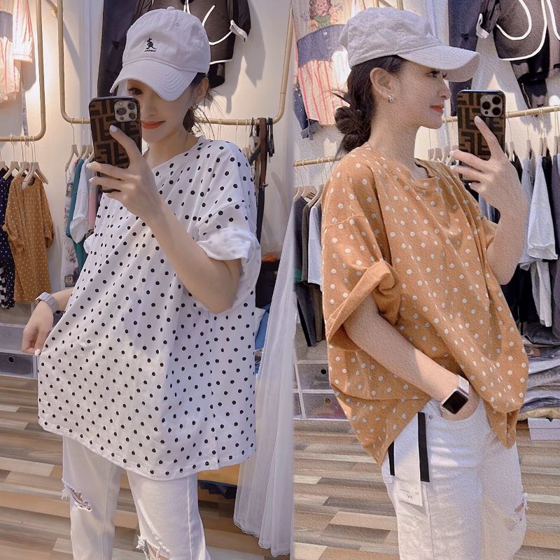European Goods Extra Large Size 1.00 Kg-150.00 kg Summer New Arrival Polka Dot Printed Half Sleeve Female Plus Size Ladies All-Matching Youthful-Looking Short Sleeve T-shirt Top