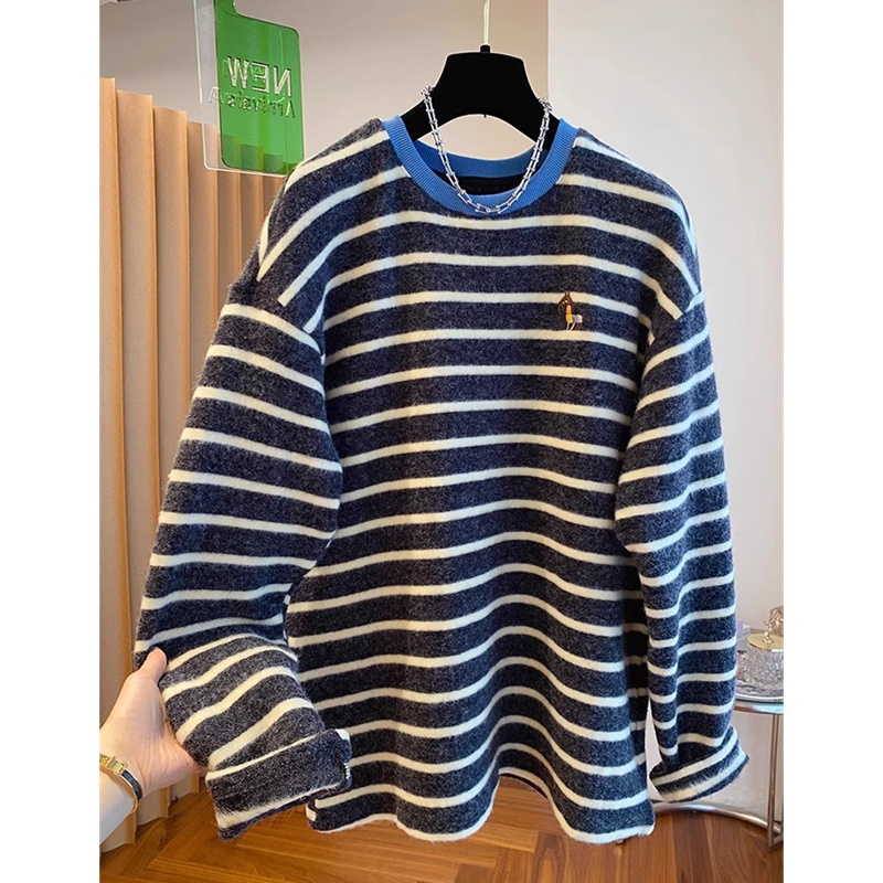 Plus Size Stripe Hoodie Women Autumn/Winter New Loose Casual Inner Wear Soft Plush Furry Bottoming Shirt Top