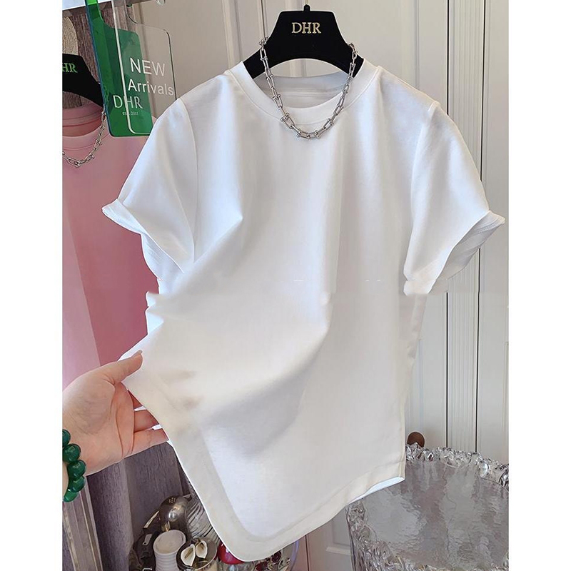 Plus Size 100.00kg Stretch Pure Cotton Shoulder Short Sleeve T-Shirt Women's Summer 2024 New Arrival Asymmetrical Chubby Girl Loose Tops