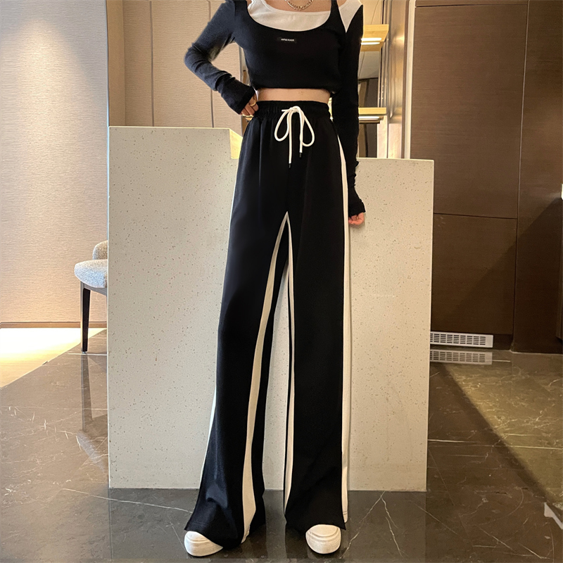 European Goods Color Matching Sweatpants Women's Fall and Winter New Arrival High Waist Shoelace Slit Casual Pants Easiest for Match Loose Loose Pants Sports Pants