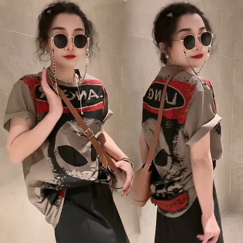 Plus size 1.00 Kg-150.00 kg Chubby Girl Alien Print Letters High Quality Short sleeve T-shirt Women Outer Wear Top All-Match T-shirt