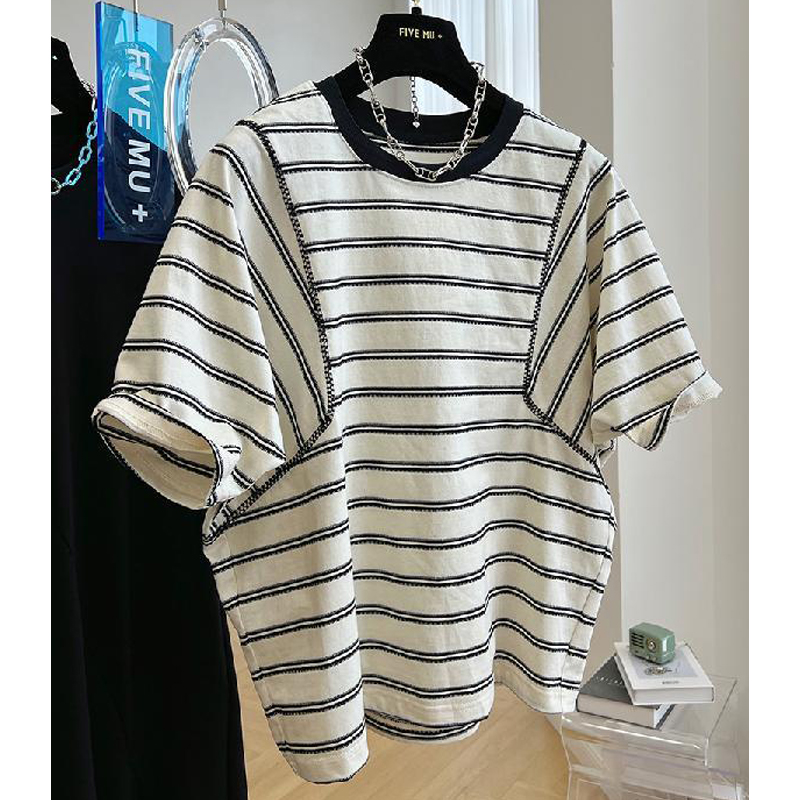 Plus Size Stylish Niche Style Chic Batwing Sleeve Stripes Short Sleeve T-shirt for Women Summer Pure Cotton Half-Sleeved Loose Tops Trendy
