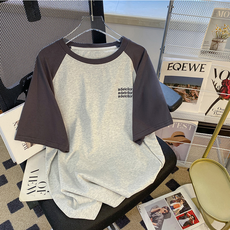 Summer Pure Cotton Color Sleeve round Neck Short Sleeve T-shirt for Women K-style Minimalist Letters Print Loose Slim Looking Tops Ins Fashion