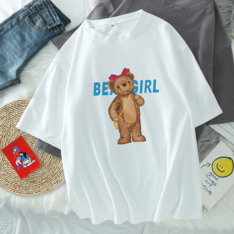 Fat Sister 100.00kg Summer Cotton Short Sleeve T-Shirt Female Loose K-style Plus Size Bear Print Slim-Looking Half-Sleeved Top