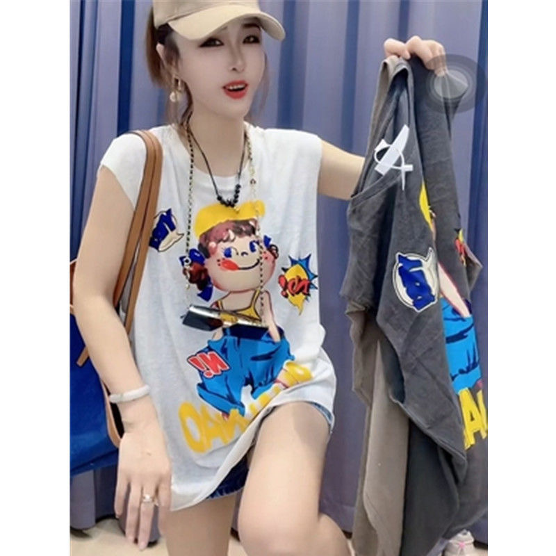 European Station Super Plus Size 1.00 Kg-150.00 kg Summer Pure Cotton Sleeveless Waistcoat T-Shirt Tops Female Fashion Cartoon Print Vest