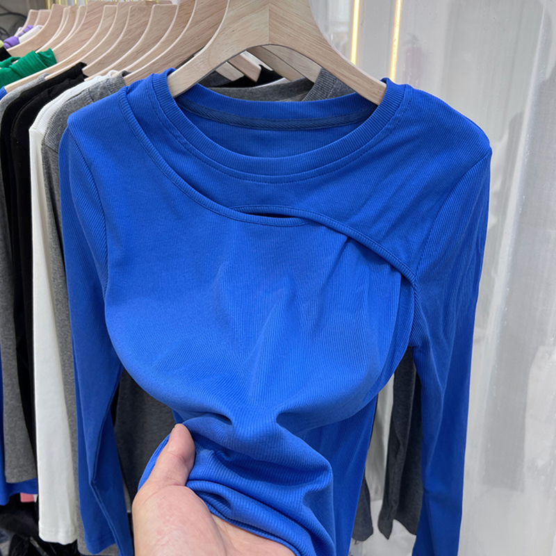 Chubby Girl Plus Size 100.05kg-Word Shoulder Bottoming Shirt for Women Spring & Fall New Arrival Sneaky Design Cut Out Inner Wear Long Sleeve T-shirt Tops