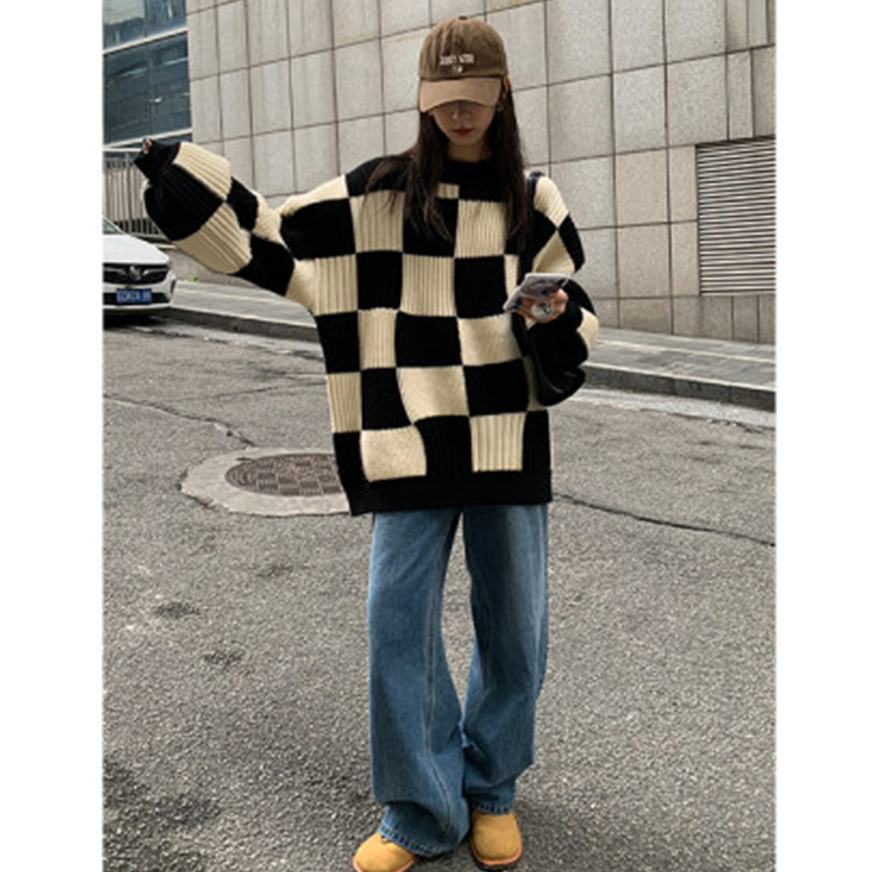 Recall Beauty Plus Size 100.00kg Chessboard Grid Sweater Female Fall and Winter Couple Outdoor Retro Lazy Style Classy Knitwear