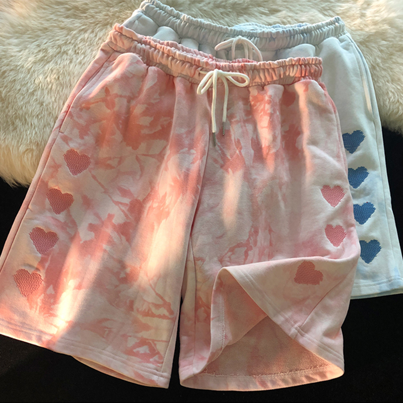 Plus Size Summer Clothes High Street Heart Sports Shorts Women's Loose Straight-leg Half Length Middle Pants Tie-Dye Gradient Casual Sweatpants Tide