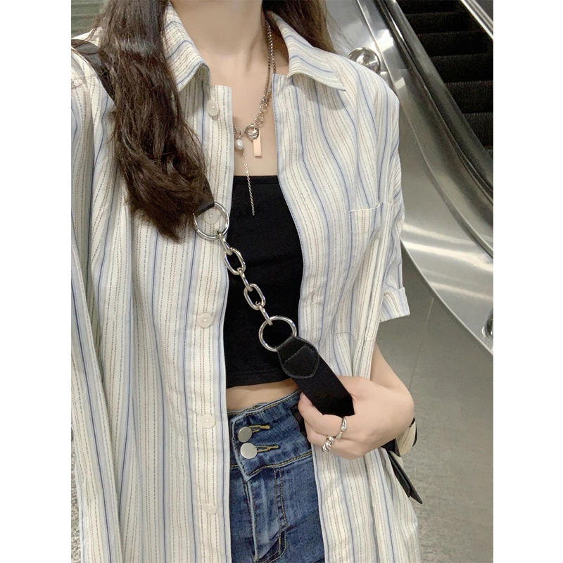 Plus Size Thin Stripes Shirt Short Sleeve Women's Summer 2024 New Design Sense Niche Loose Chic Casual Tops