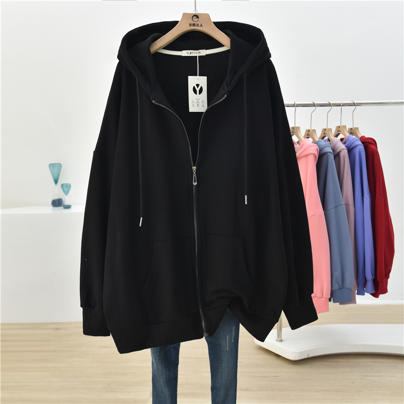 Plus size Fat Girl M Solid Fleece-lined Cardigan Zip-up Outerwear Women Hood Autumn and Winter New 1.00 Kg-120.00 kg Silver Fox Velvet Hoodie