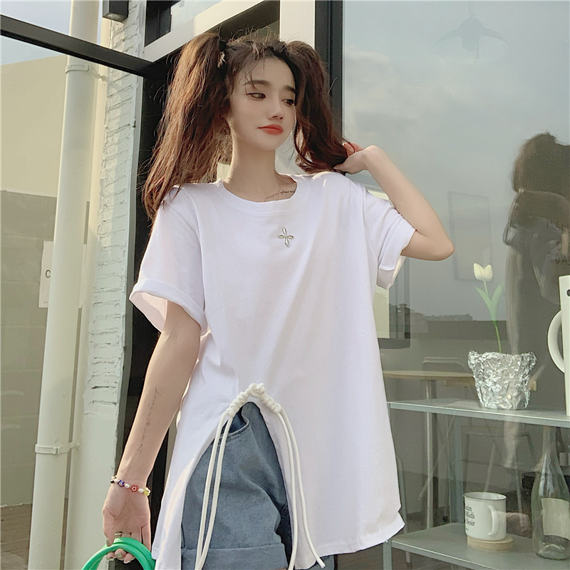 Chubby Girl 1.00 Kg-150.00 kg Extra Large Size Summer Button Split Short Sleeve Loose Mid Length Long Length Fashion Irregular T-shirt Tops